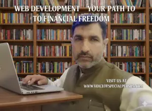 "A person with disability confidently working on web development from home on a laptop, representing financial independence and empowerment through technology for special persons in Pakistan"