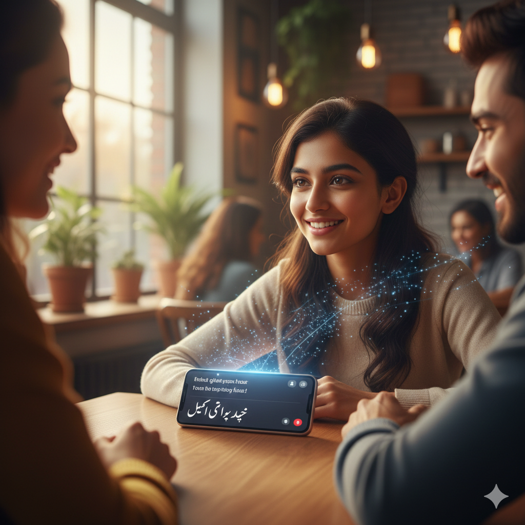 "A person using an accessibility app for communication in a social setting"