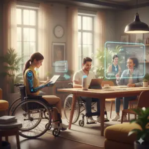 A high-tech, inclusive setting where individuals with disabilities are using advanced assistive technology, including a woman with a robotic prosthetic arm using a tablet and a man in a wheelchair using a voice-controlled smart speaker.