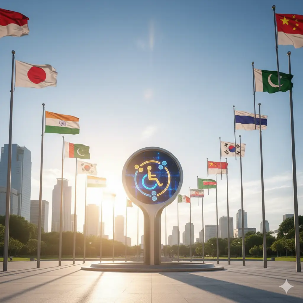 A group of diverse people, including those with disabilities, shaking hands and collaborating in front of a globe, representing international cooperation.
