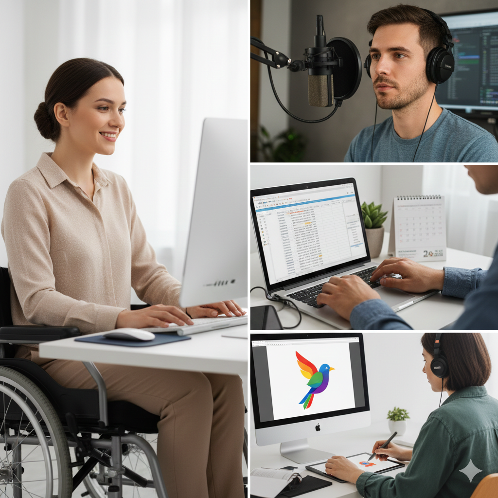 A collage featuring four different online job roles: a woman in a wheelchair working on a computer for content writing, a man speaking into a professional microphone for voiceover work, an individual typing on a laptop alongside a calendar representing data entry or virtual assistance, and a designer using a stylus to craft a vibrant bird logo for graphic design.