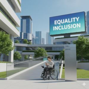 Digital illustration showing a modern city with a sign advocating for equality and inclusion.