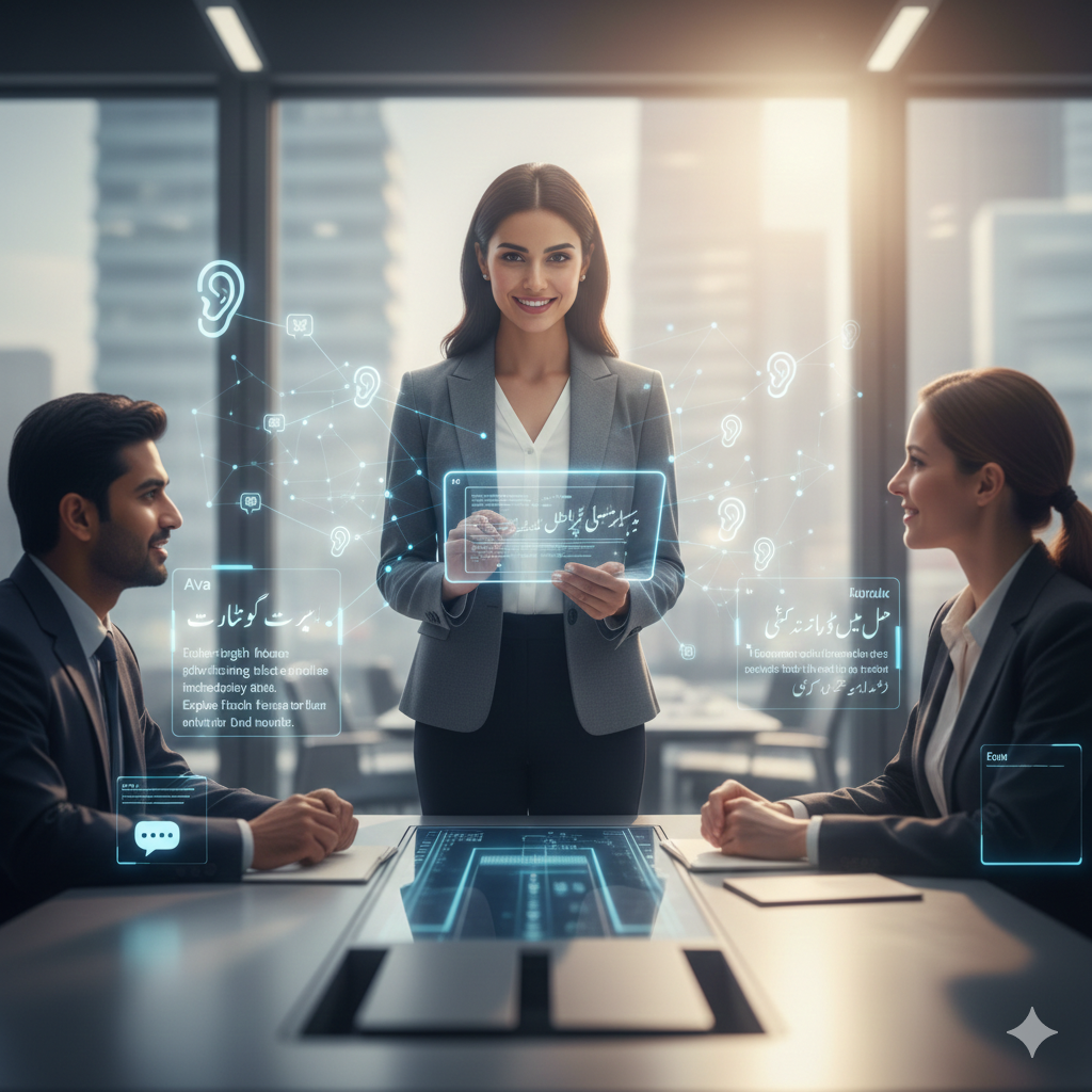 A person using a real-time transcription app to follow a conversation"۔ * Title: "Live Transcribe for Better Communication"