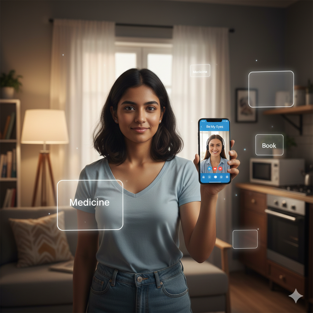 A person with a visual impairment using a smartphone app for assistance"۔