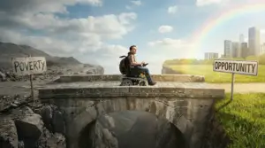 A person in a wheelchair using a laptop, surrounded by icons representing social protection, employment, education, and healthcare.