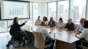 A diverse and inclusive environment showing a modern building with a wheelchair ramp, tactile paving for the visually impaired, and a person using a mobile app with accessibility features, representing the Jakarta Declaration's goal for a barrier-free world.
