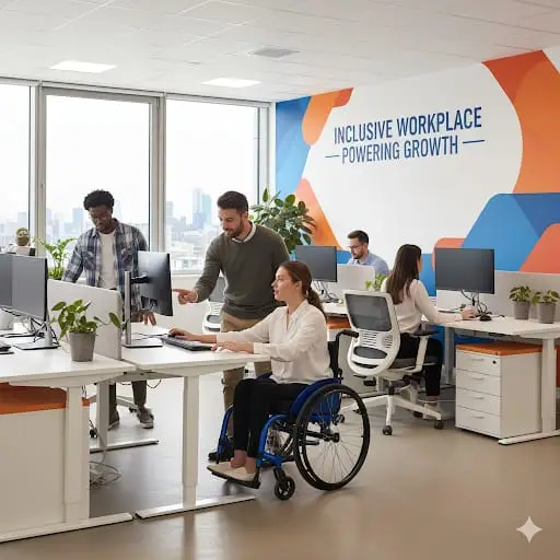An inclusive office environment featuring a woman in a wheelchair working at a desk with colleagues.