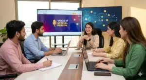 A diverse group of young Pakistani adults, including individuals with physical disabilities, collaborate around a conference table in a modern coworking space. A large screen displays the 'Voice of Special Person' logo.