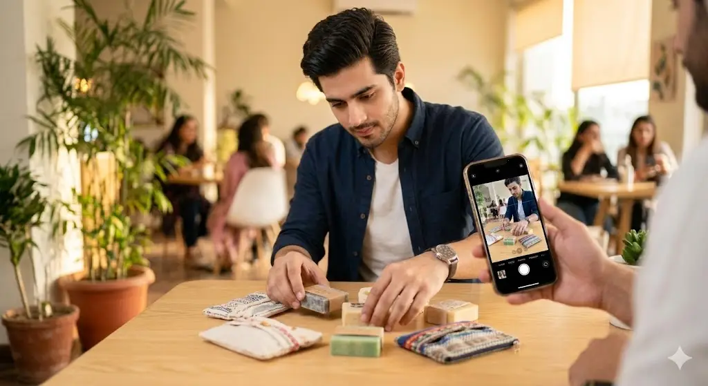 A stylish young Pakistani man is arranging locally-made textile products and artisanal items on a table in a bright cafe for a professional Instagram product photo.