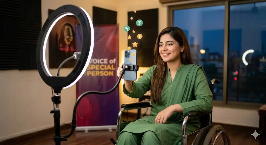A smiling Pakistani woman in a wheelchair is filming a Facebook Reel, surrounded by floating star icons and currency symbols, in a warm home studio.