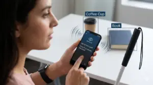 A visually impaired person using the Seeing AI app on a smartphone to read text and recognize objects.