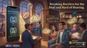 A deaf person using the Live Transcribe app on a smartphone, reading real-time text of spoken words on the screen.