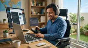 A person with special needs using a laptop for web development and AI learning.