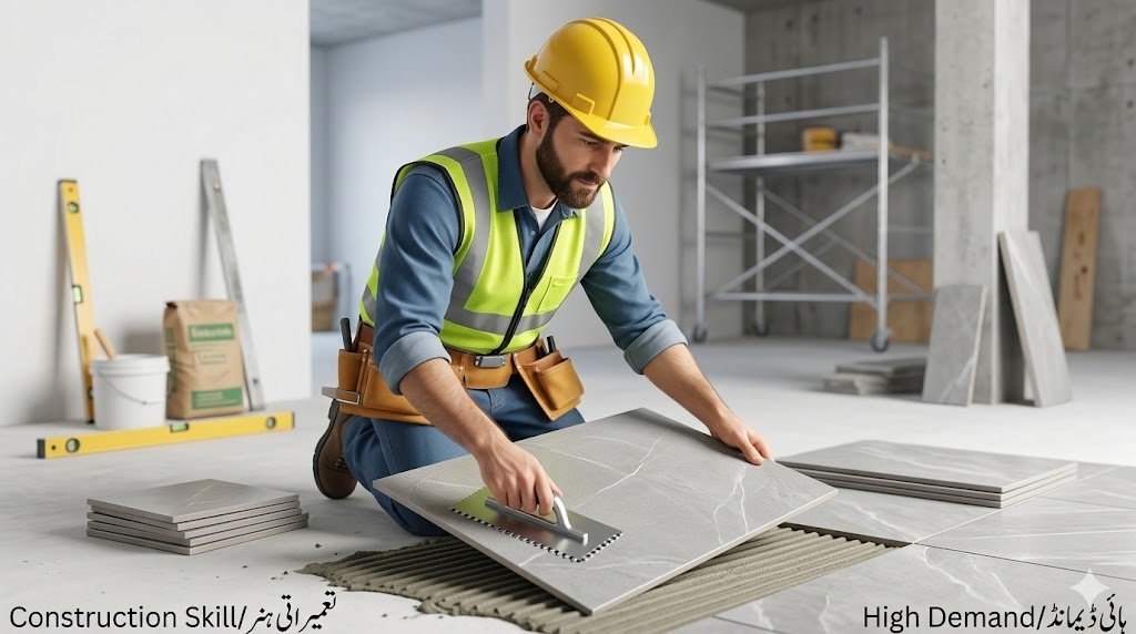 Professional construction worker installing floor tiles high demand vocational skill Pakistan 2026
