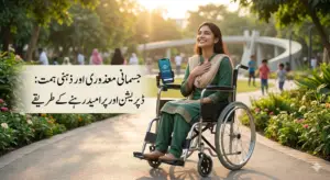 A smiling young woman sitting in a wheelchair in a sunny park, using the Seeing AI app on her smartphone, symbolizing mental resilience and independence.
