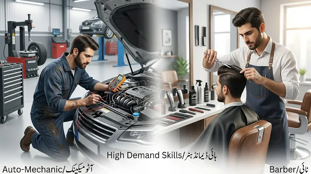Professional auto-mechanic repairing car and barber cutting hair high demand vocational skills 2026