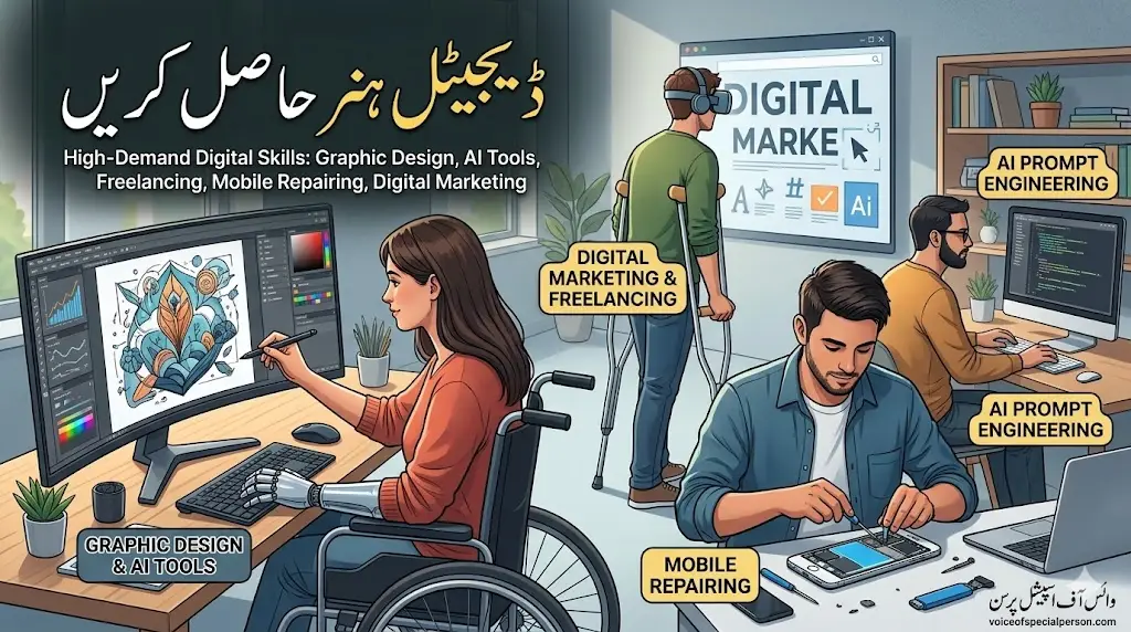 Disabled persons learning high-demand digital skills like graphic design, AI tools, and freelancing on computers