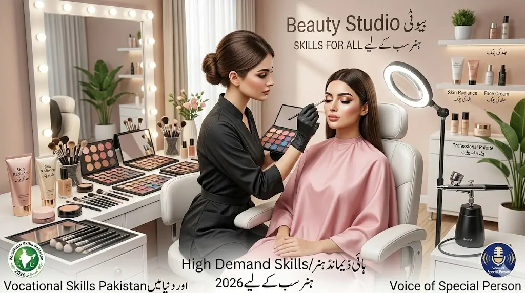 Professional beauty studio makeup artist applying eyeshadow high demand vocational skill for women 2026
